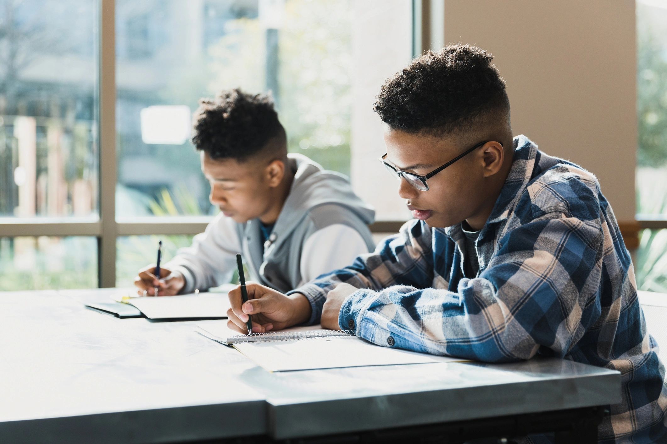 Students studying with city view
